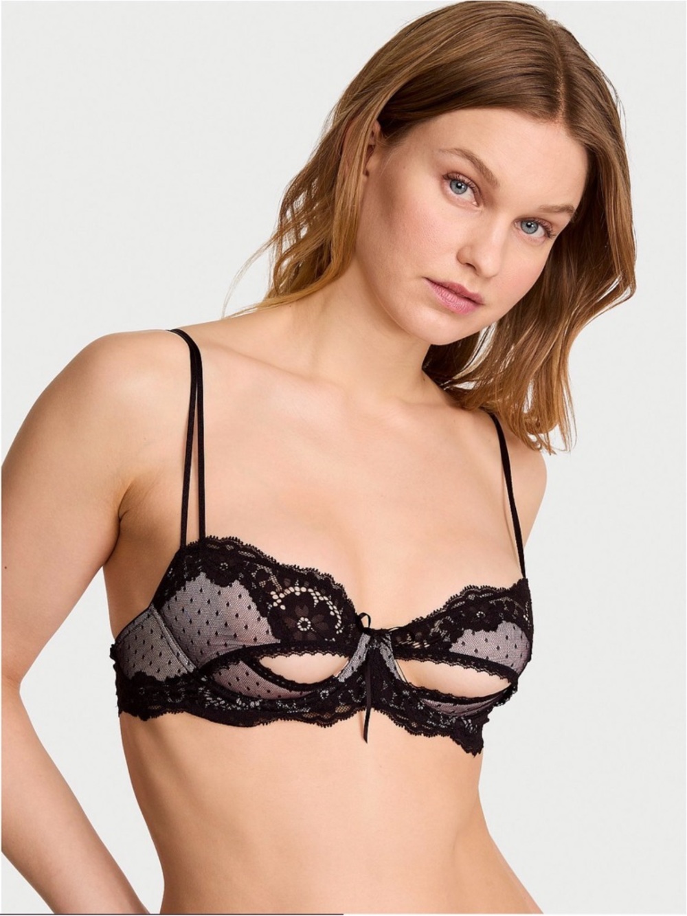 Victoria's Secret Sheer Polka-Dot Lace Cutout Bra in Black